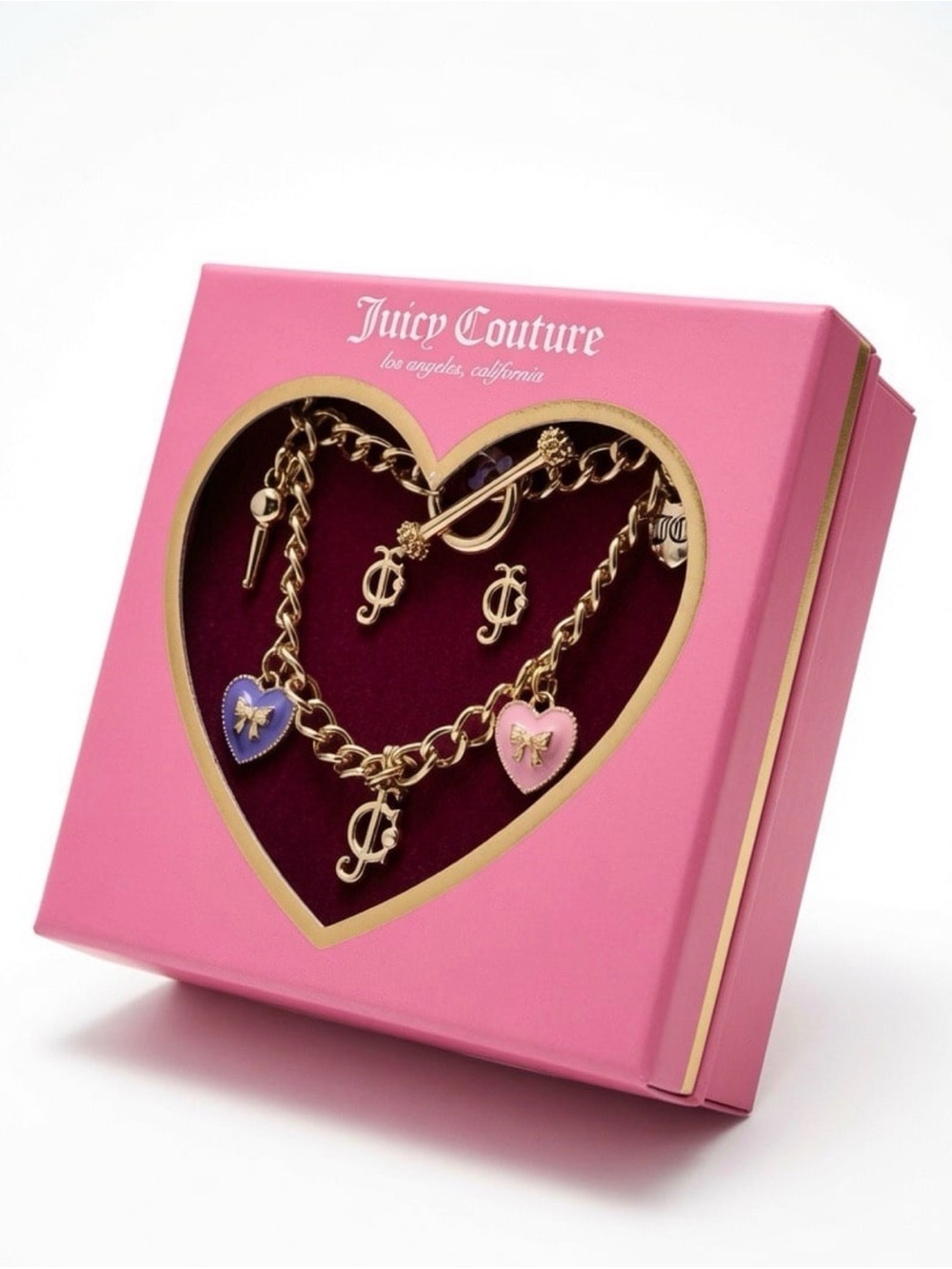 Juicy Couture Gold Tone Multi Heart Toggle Bracelet 7.5” + Stud Earrings Set NIB - Picture 2 of 2
